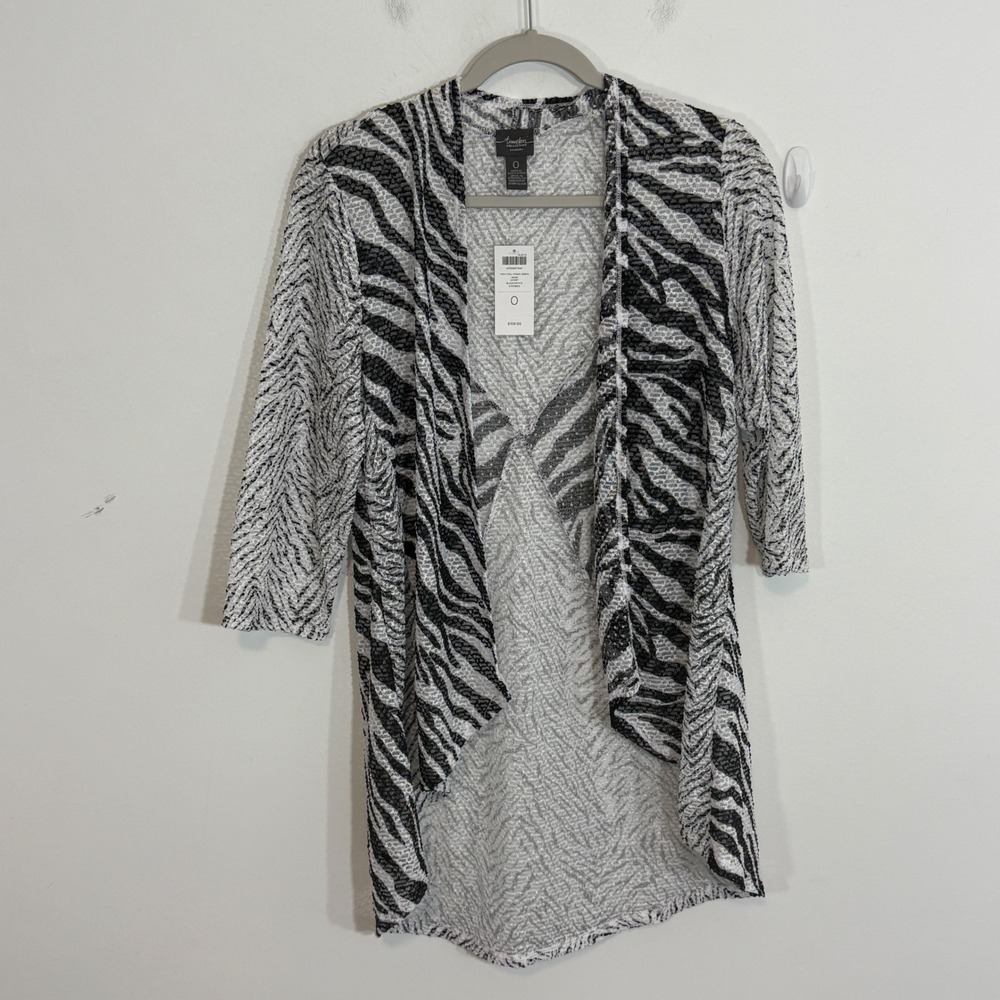 Chicos Travelers Womens Jacket 0 Black Zebra Print Open Front Travel Career